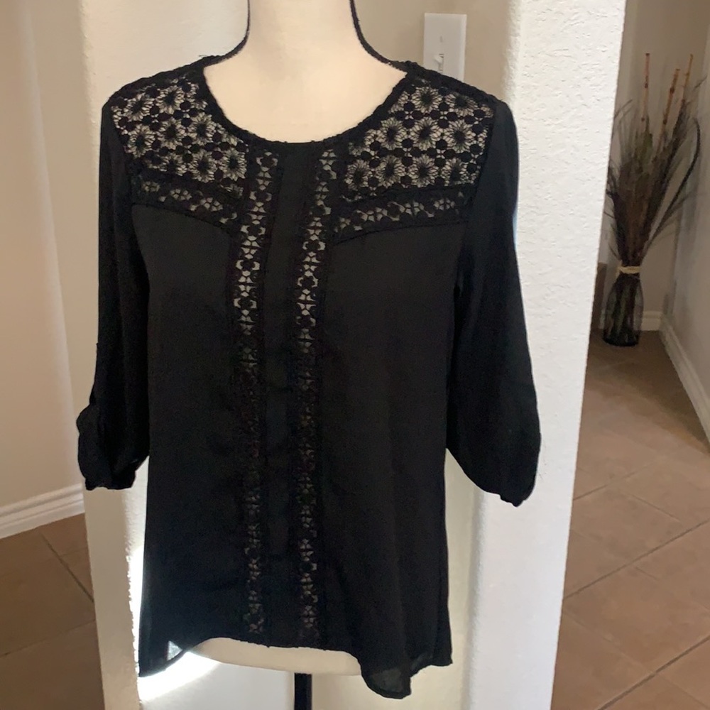 Monteau black sheer chiffon & lace top